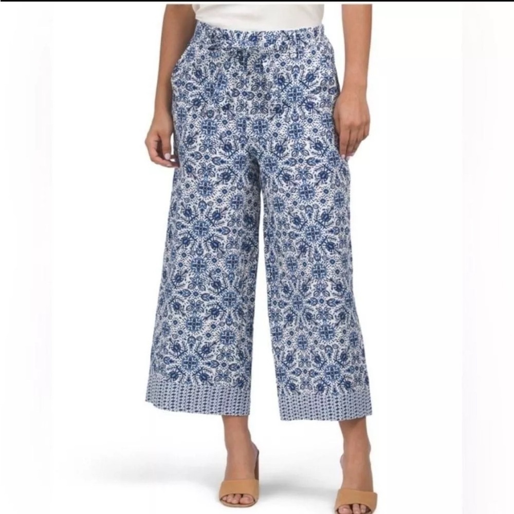 Joie Wide Leg Linen Blend Pant Boho Blue Pockets Print /Size 4